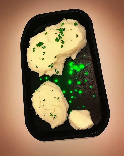 Image similar to porkchops and mashed potatoes made out of green gaming LED, HD, trending on artstation, instagram post, /r/razer,