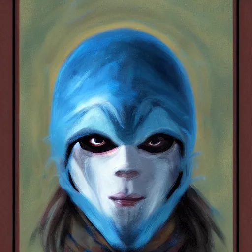 Prompt: fantasy snow bandit ‘ icewind dale ’ with mask, blue palette, snow scene, ‘ icewind dale 2 ’ profile portrait by ‘ justin sweet ’, falling snow, soft focus, illustrated, oil paint