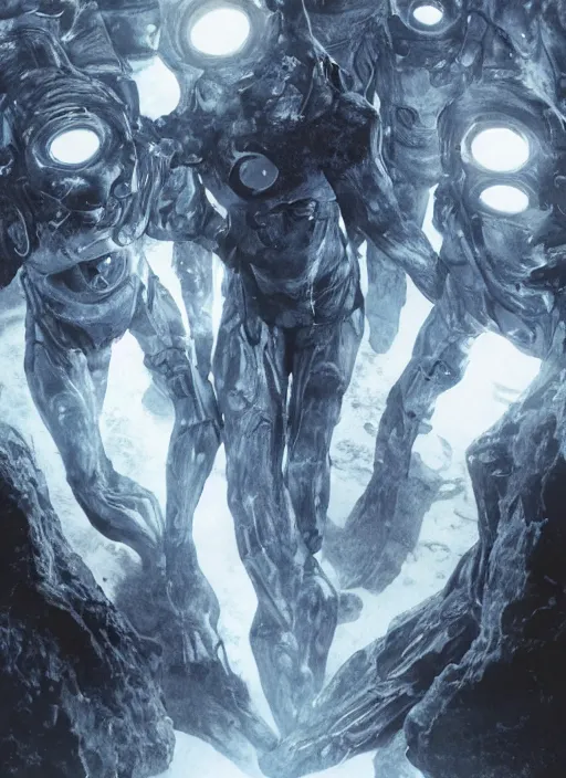 Image similar to astronauts in dark and empty void underwater - complex and hyperdetailed technical suit. reflection and dispersion materials. rays and dispersion of light. volumetric light. 5 0 mm, f / 3 2. noise film photo. flash photography. ultra realistic, wide angle. poster by wayne barlowe, hajime sorayama aaron horkey, craig mullins