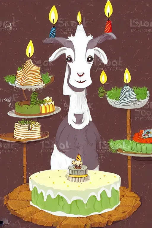 Image similar to a goat with a long white beard, sitting in front of a birthday cake with many lit candles, in the style of a children's book illustration, cute, highly detailed digital art