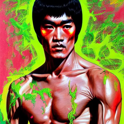 Image similar to a demon slayer portrait of bruce lee, tall, pale - skinned, and slender with lime green eyes and long eyelashes by stanley artgerm, tom bagshaw, arthur adams, carne griffiths, trending on deviant art, street art, face enhance, chillwave, maximalist, full of color, glittering