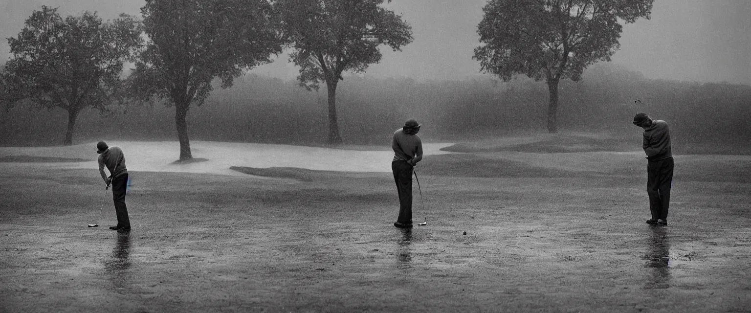 Image similar to detailed sharp photograph in the style of popular science circa 1 9 5 5 and gregory crewdson of a solitary man playing golf in the rain