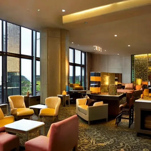 Image similar to a hotel, having many furnitures, waters, and books