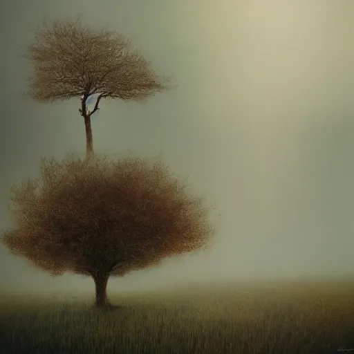 Image similar to lone tree on hill by cy Twombly and BASTIEN LECOUFFE DEHARME, iridescent, volumetric lighting