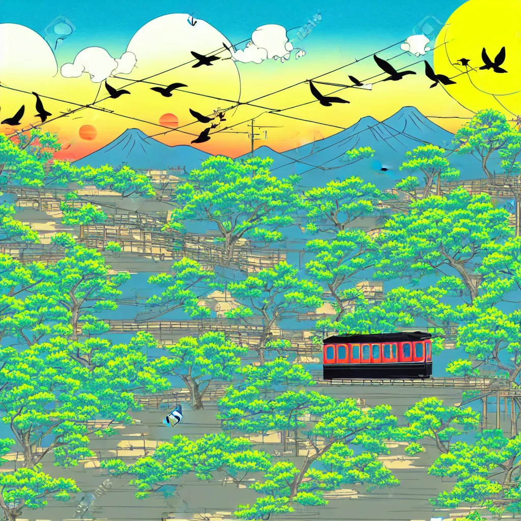 Prompt: japanese countryside landscape, tram, sunset, birds flying in the sky, hand drawn anime style