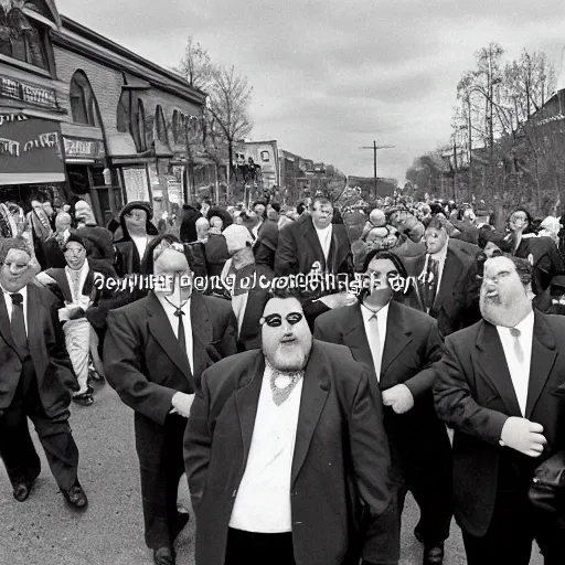 Prompt: A large group of chubby men in suits and neckties parading through the street holding canes, overcast day, 1990s.