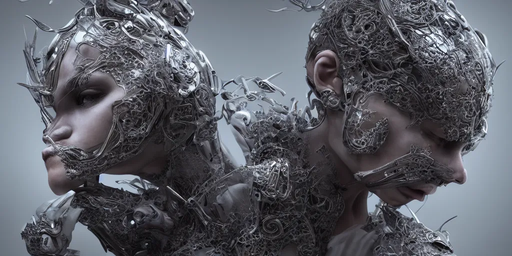 Image similar to hyperrealistic photography of a stunningly beautiful cyborg, intimate, holding close, in the style of beth cavener, jin kagetsu,, and wlop, highly detailed, intricate filigree,, masterpiece, award winning, sharp focus, concept art, ringflash lighting, ambient lighting, octane render, 8 k, artstation