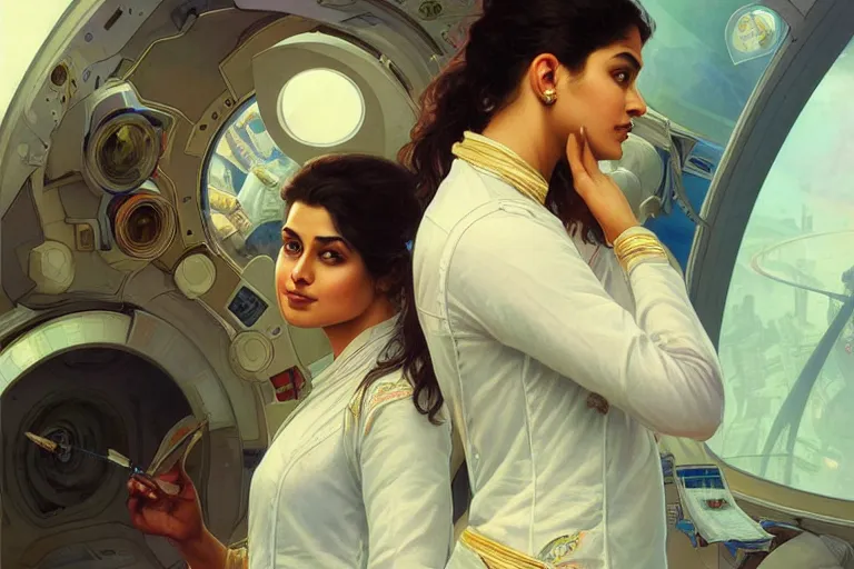 Image similar to Sensual good looking pale young Indian doctors wearing jeans in a space station above Earth, portrait, elegant, intricate, digital painting, artstation, concept art, smooth, sharp focus, illustration, art by artgerm and greg rutkowski and alphonse mucha