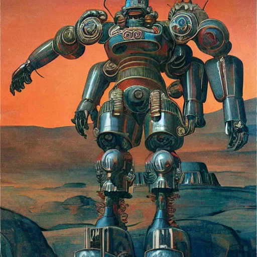 Prompt: elaborate mayan art deco mecha in mesa landscape by j. c. leyendecker, bosch, and beksinski