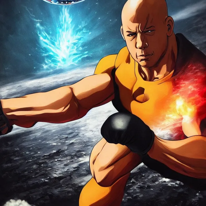 Image similar to landscape, long shot of far, distant vin diesel as saitama! punching!!! a car!!!!!! into space, hyperrealism, trending on artstation
