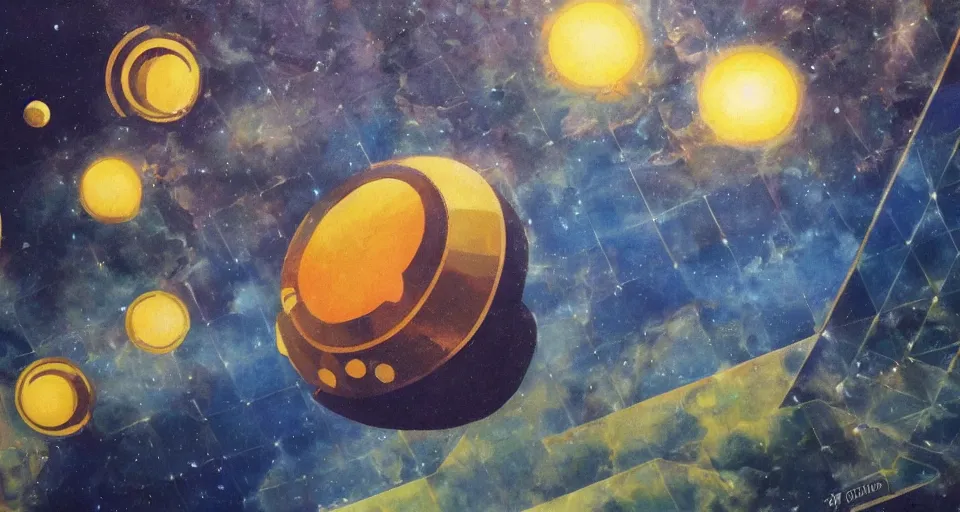 Image similar to hexagonal shield in space, blocking the sun, earth in the foreground, art deco painting