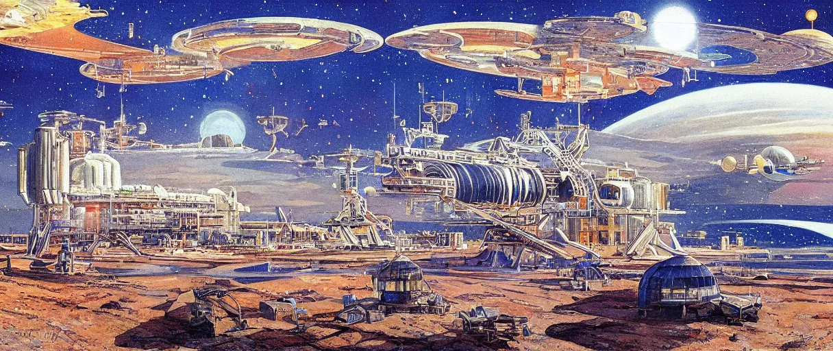 Image similar to a beautiful and detailed illustration of a spaceport in a bay by Robert McCall, cinematic atmosphere, establishing shot