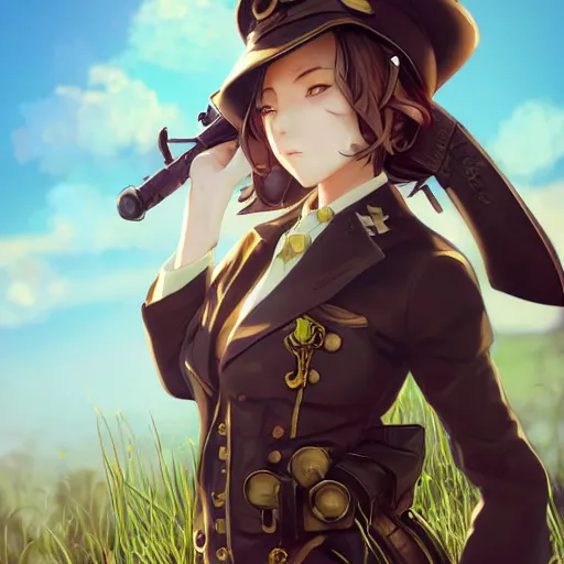 Prompt: girl with steampunk weapons and uniform, serious, finely detailed, made by wlop, artgerm, full body portrait, illustration, grass, sunny, sky, anime, side view, perfect anime face, detailed face, zoomed out, smooth,