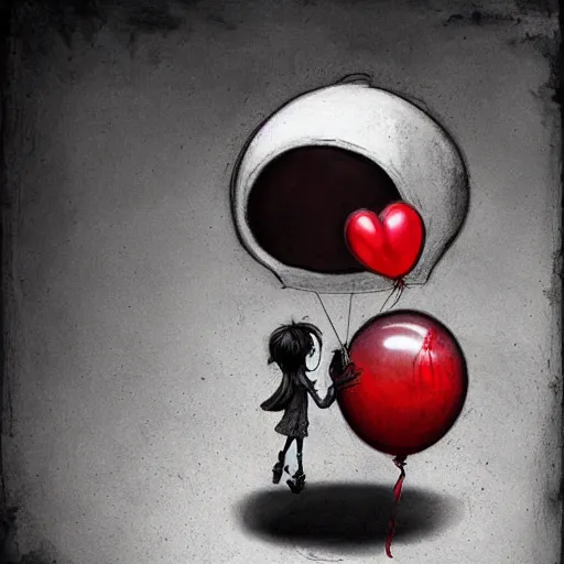 Image similar to surrealism grunge cartoon sketch of a sad little girlwith a wide smile and a red balloon by - michael karcz, loony toons style, horror theme, detailed, elegant, intricate