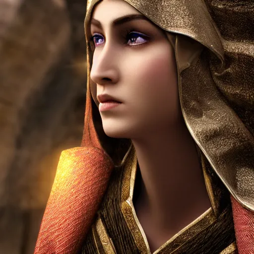 Image similar to beautiful elf with ornate robes, highly detailed, 8k, HDR, smooth, sharp focus, hyper realistic, high resolution