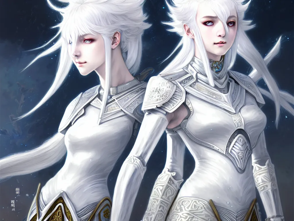 Image similar to portrait white hair knights of zodiac girl, matt white ice color armor, in ruined agora of athens sunrise, ssci - fi and fantasy, intricate and very beautiful and elegant, highly detailed, digital painting, artstation, concept art, smooth and sharp focus, illustration, art by ayanamikodon and tian zi and alphonse mucha and wlop