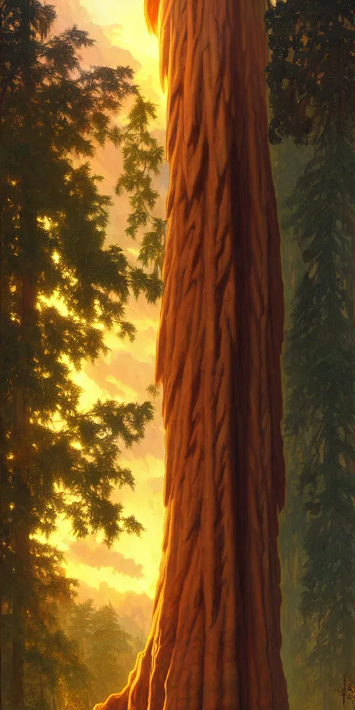 Image similar to detailed ancient sequoia tornado, backlit, sunset, refracted lighting, art by collier, albert aublet, krenz cushart, artem demura, alphonse mucha