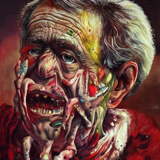 Image similar to George Bush, hyper-realistic oil painting, Body horror, biopunk, by Ralph Steadman, Francis Bacon, Hunter S Thompson