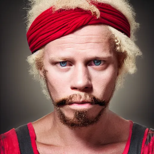 Prompt: photo portrait of an rugged albino african pirate with a red headband | brown vest | young adult, thin blonde mustache, afro blonde hair, stern face, rugged and dirty, cinematic lighting at sundawn, movie color grading