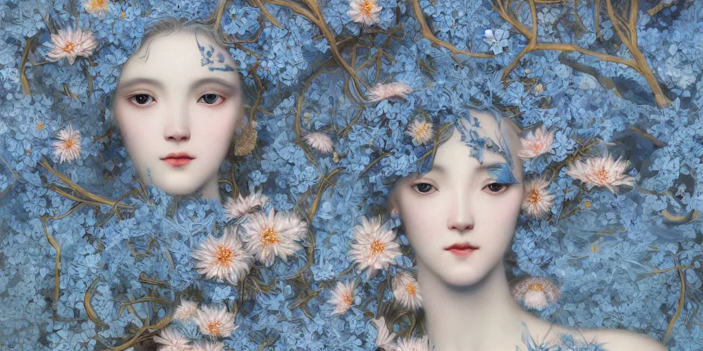 Image similar to breathtaking detailed concept art painting art deco pattern of blonde faces goddesses amalmation light - blue flowers with anxious piercing eyes and blend of flowers and birds, by hsiao - ron cheng and john james audubon, bizarre compositions, exquisite detail, extremely moody lighting, 8 k