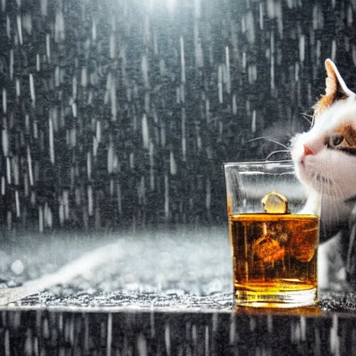 Prompt: an upset cat drinking whiskey under rain and thinking about her ex