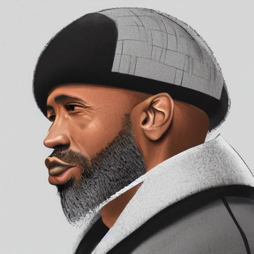 Image similar to a side profile portrait of a handsome urban african-american man with a big dark gray beard, wearing a light gray kufi and a black puffer coat, white background, concept art