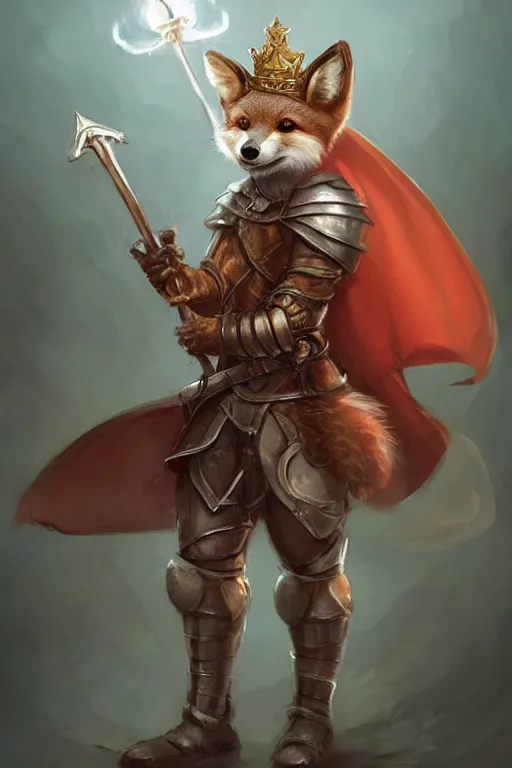 Image similar to cute little anthropomorphic foxy knight wearing a cape and a crown, tiny, small, miniature fox, baby animal, short, pale blue armor, cute and adorable, pretty, beautiful, DnD character art portrait, matte fantasy painting, DeviantArt Artstation, by Jason Felix by Steve Argyle by Tyler Jacobson by Peter Mohrbacher, cinematic lighting