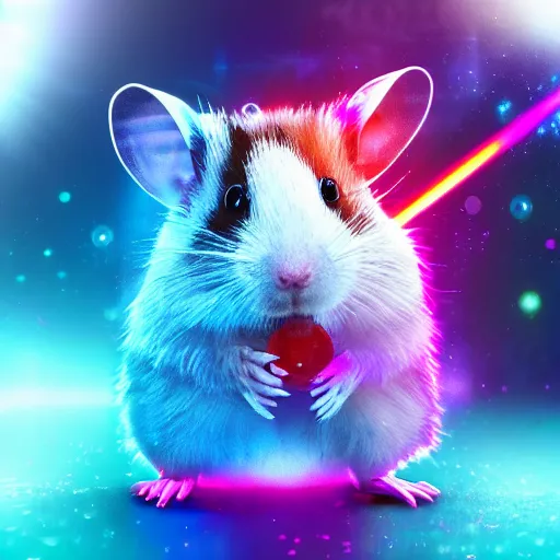 Image similar to cyberpunk hamster! holding rainbow! gem! crystal, neon lights, light reflection, 8 k, hd