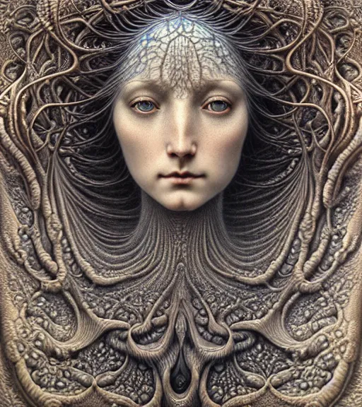 Image similar to detailed realistic beautiful ice goddess face portrait by jean delville, gustave dore, iris van herpen and marco mazzoni, art forms of nature by ernst haeckel, art nouveau, symbolist, visionary, gothic, neo - gothic, pre - raphaelite, fractal lace, intricate alien botanicals, ai biodiversity, surreality, hyperdetailed ultrasharp octane render