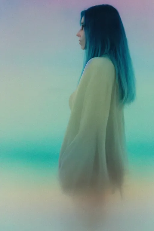 Image similar to high quality pastel coloured film close up wide angle photograph of a model wearing clothing swimming on cloud furniture in a icelandic black rock!! environment in a partially haze filled dreamstate world. three point light, rainbow. photographic production. art directed. pastel colours. volumetric clouds. pastel gradient overlay. waves glitch artefacts. extreme facial clarity. 8 k. filmic.