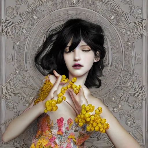 Image similar to the portrait of an absurdly beautiful, graceful, elegant, sophisticated, young idol made up of lemons, an ultrafine hyperdetailed illustration by kim jung gi, irakli nadar, intricate linework, bright colors, octopath traveler, final fantasy, unreal engine 5 highly rendered, global illumination, radiant light, detailed and intricate environment