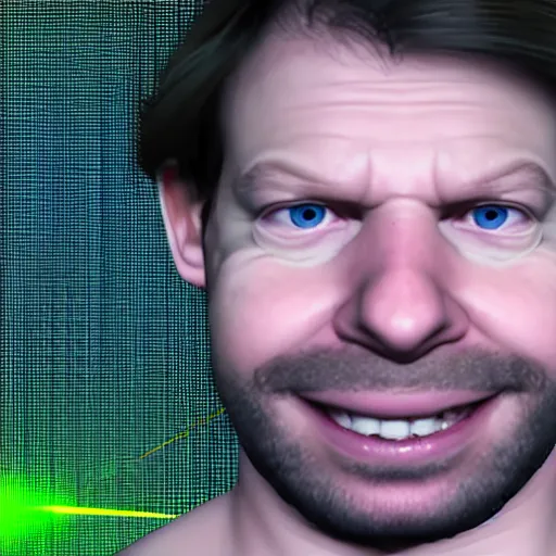 Image similar to aphex twin Richard D James grows to a collosal size in London and fires lasers from his insane eyes 8k unreal engine extremely detailed 3d model