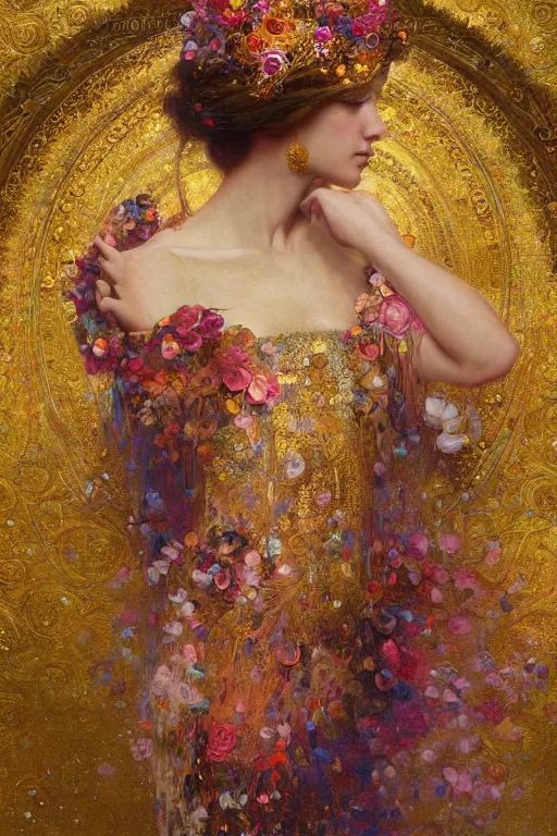 Image similar to an intricate painting of a beautiful young lady surrounded by flowing flower petals covered in silk clothes with klimt golden motives and textures, hyper detailed, ornamental gold headpiece, octane render, vivid colors, artstation, by jeremy mann, by alphonse mucha, by boris vallejo