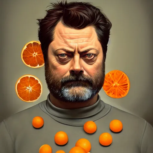 Image similar to portrait nick offerman as an oranges! citrus fruit hybrid mix, sci - fi and fantasy, intricate highly detailed digital painting, artstation, concept art, smooth and sharp focus, illustration, art by tan zi and ayanamikodon and alphonse mucha and wlop