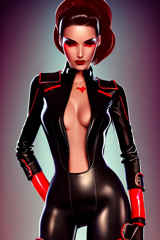 Image similar to dreamy girl character with perfect body in a nice black leather suit and red lips, very artistic pose and detailed clean face, perfect lighting. professional design. great composition, illustration, highly detailed, digital painting, concept art, trending on artstation, fantasy game art