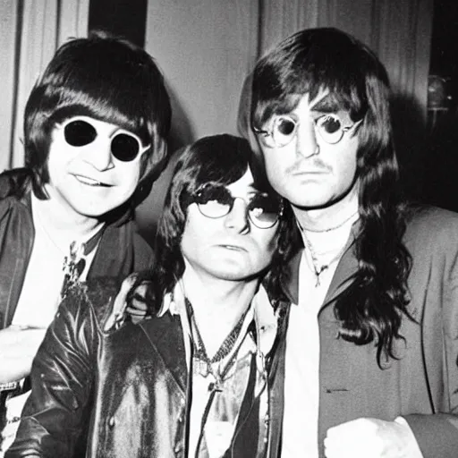 Image similar to Ozzy Osbourne in the Beatles, young Ozzy next to John Lennon and Ringo Star, 1967