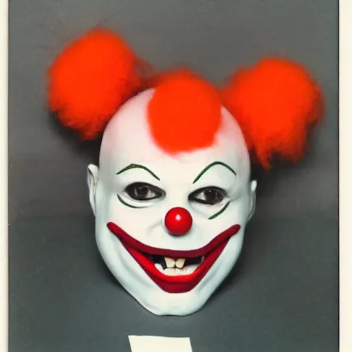 Prompt: polaroid of a creepy minimalist clown halloween mask