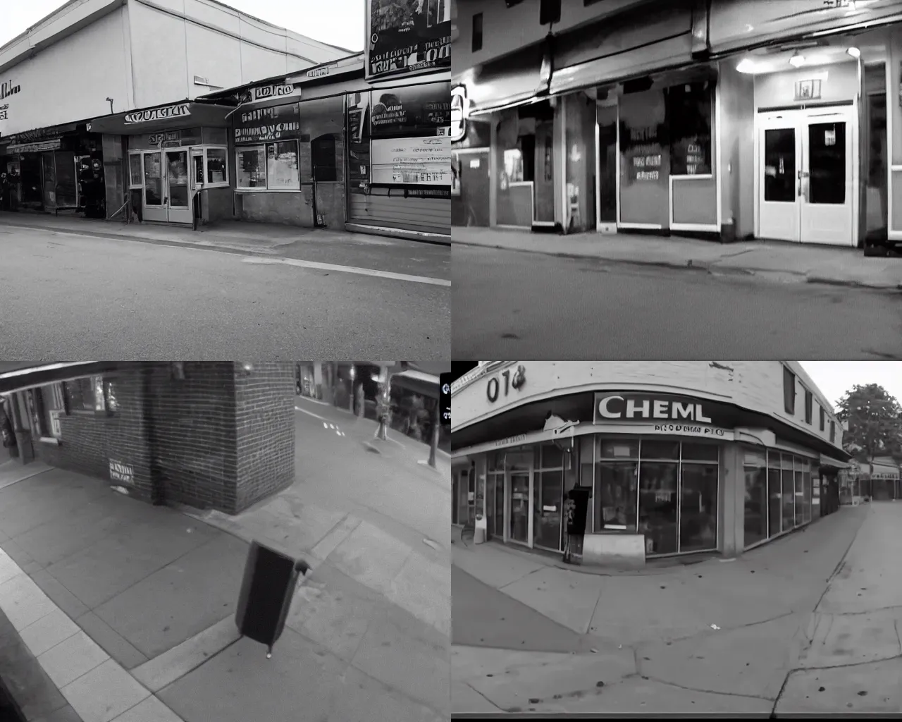 Prompt: camera footage of jerma985 outside corner store with time code, high exposure, dark, monochrome, camera, grainy, CCTV, security camera footage, timestamp, zoomed out