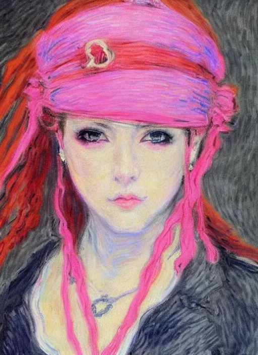 Image similar to a portrait of a female pirate, pink uniform, very anime in impressionist style, anime trending artwork, anime painter studio, by claude monet