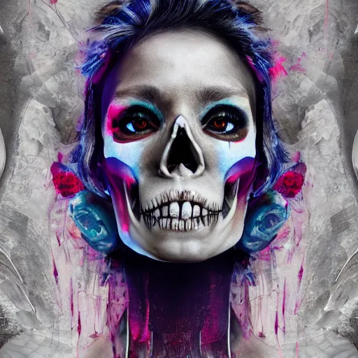 Image similar to full body pose, hyperrealistic mixed media painting of beautiful skull woman, dim volumetric lighting, 8 k, octane beautifully detailed render, extremely hyper detailed, intricate, epic composition, cinematic lighting, masterpiece, trending on artstation, very very detailed, masterpiece, stunning, hdr, smooth, sharp focus, high resolution, award, winning photo, dslr, 5 0 mm