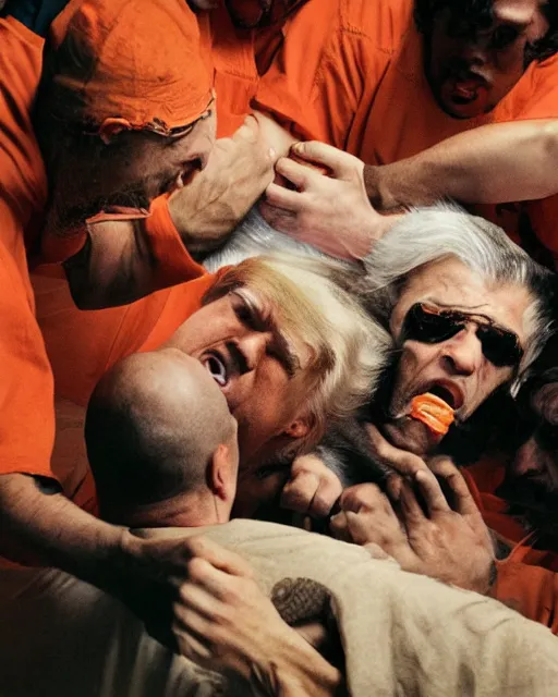 Prompt: Medium shot photo of eagles biting scared Donald Trump in prison jail wearing orange pajamas, octane, dramatic lighting, editorial photo, 35mm, very detailed