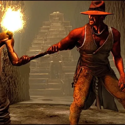 Prompt: a still of from the movie indiana jones and the temple of doom crossover with the game demon's souls