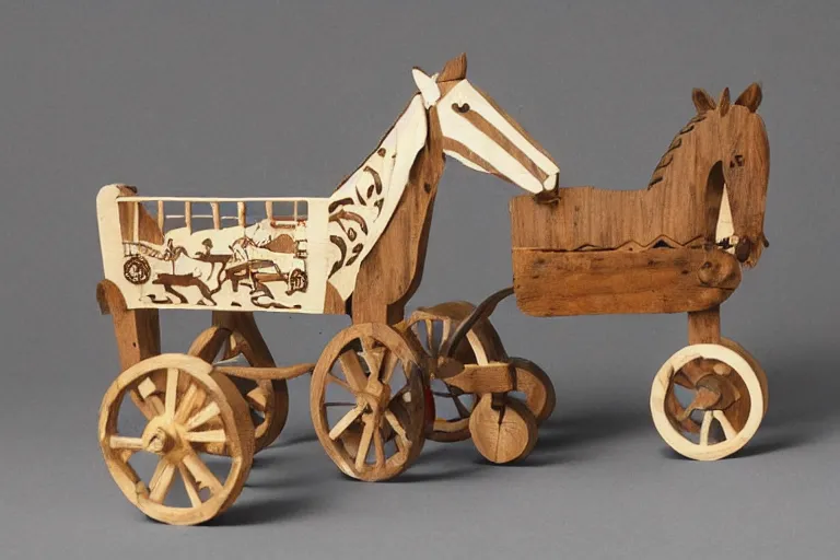 Prompt: a wooden toy horse pulling a wooden carriage, a storybook illustration by betye saar, pinterest contest winner, ecological art, made of cardboard, made of trash, ray tracing