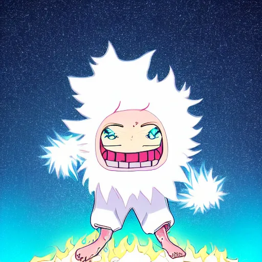 Image similar to fluffy exploding popcorn elemental spirit, in the style of a manga character, with a smiling face and flames for hair, sitting on a lotus flower, white background, clean composition, symmetrical