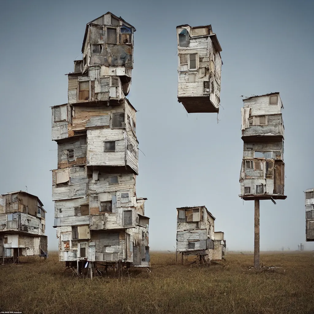 Prompt: towers made up of densely stacked makeshift squatter shacks with faded colours suspended over a quagmire, plain uniform sky at the back, misty, mamiya, ultra sharp, very detailed, photographed by julie blackmon, cristina de middel and john chiara