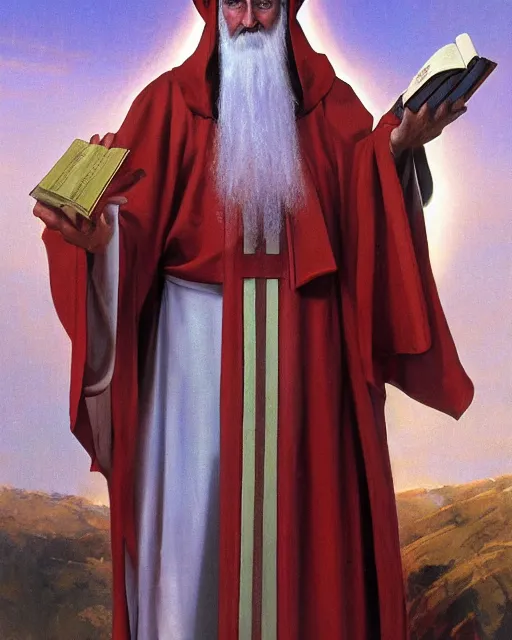 Image similar to portrait of ful length saint nicholas, showing him with a halo, dressed in clerical garb, and holding a book of the scriptures in his left hand while making the hand gesture for the sign of the cross with his right, by peter andrew jones!!!!, hd, hyper detailed, 4 k