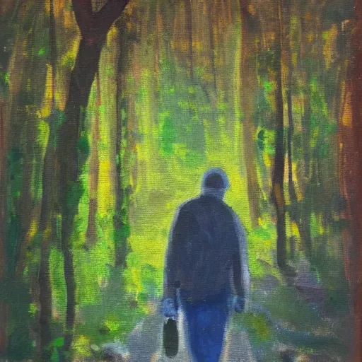 Image similar to A man walking on a path in the woods, he’s holding a flashlight, impressionist art