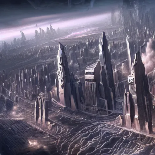 Image similar to The biggesta sci-fi book written entirely fictional universe of science and technology, 8k resolution matte painting trending on artstation A beautiful matte painting of an art deco city by going white, quantum wavetracing the fabric