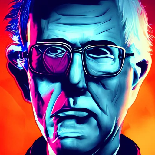 Image similar to cyberpunk bernie sanders as the leader of a futuristic communist nation, cybernetics, sharp lines, digital, artstation, colored in