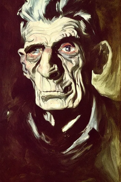 Prompt: menacing portrait of Samuel Beckett emerging from the dark void, figure in the darkness, painted by Eugène Delacroix, John Singer Sargent, Adrian Ghenie, Francis Bacon,